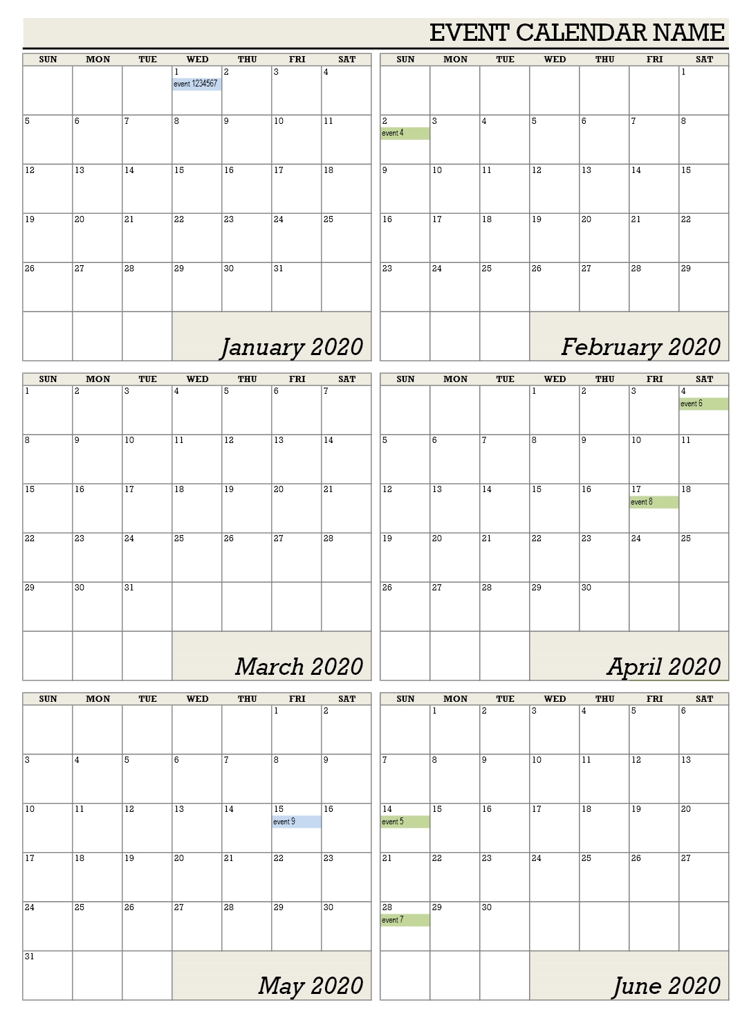 Free SixMonthly Calendar Template